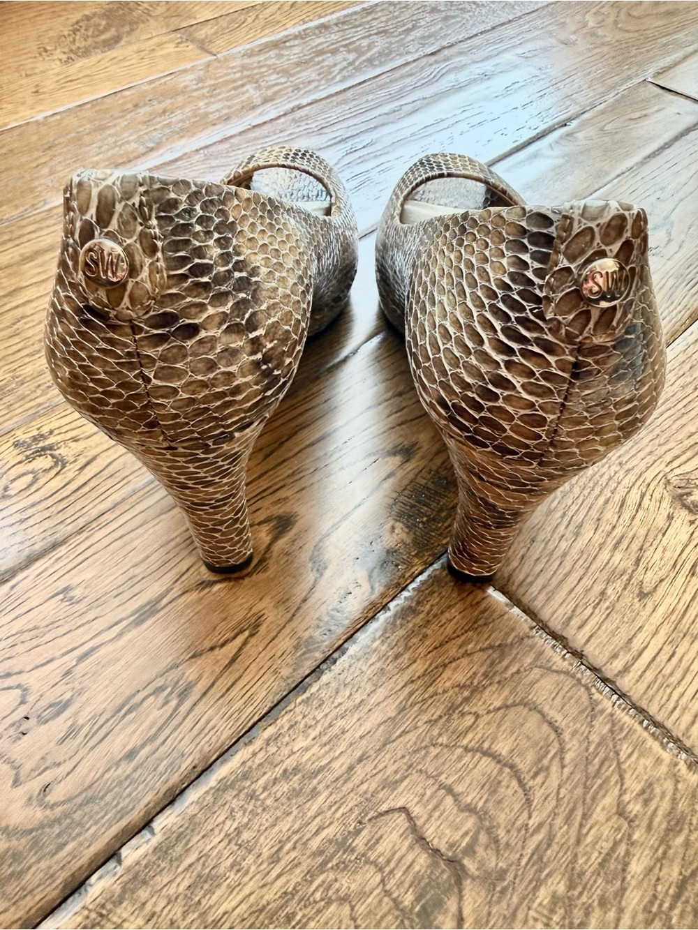 STUART WEITZMAN Plainfield Snake-Print Peep Toe Heels in Neutral Brown - Picture 4 of 8
